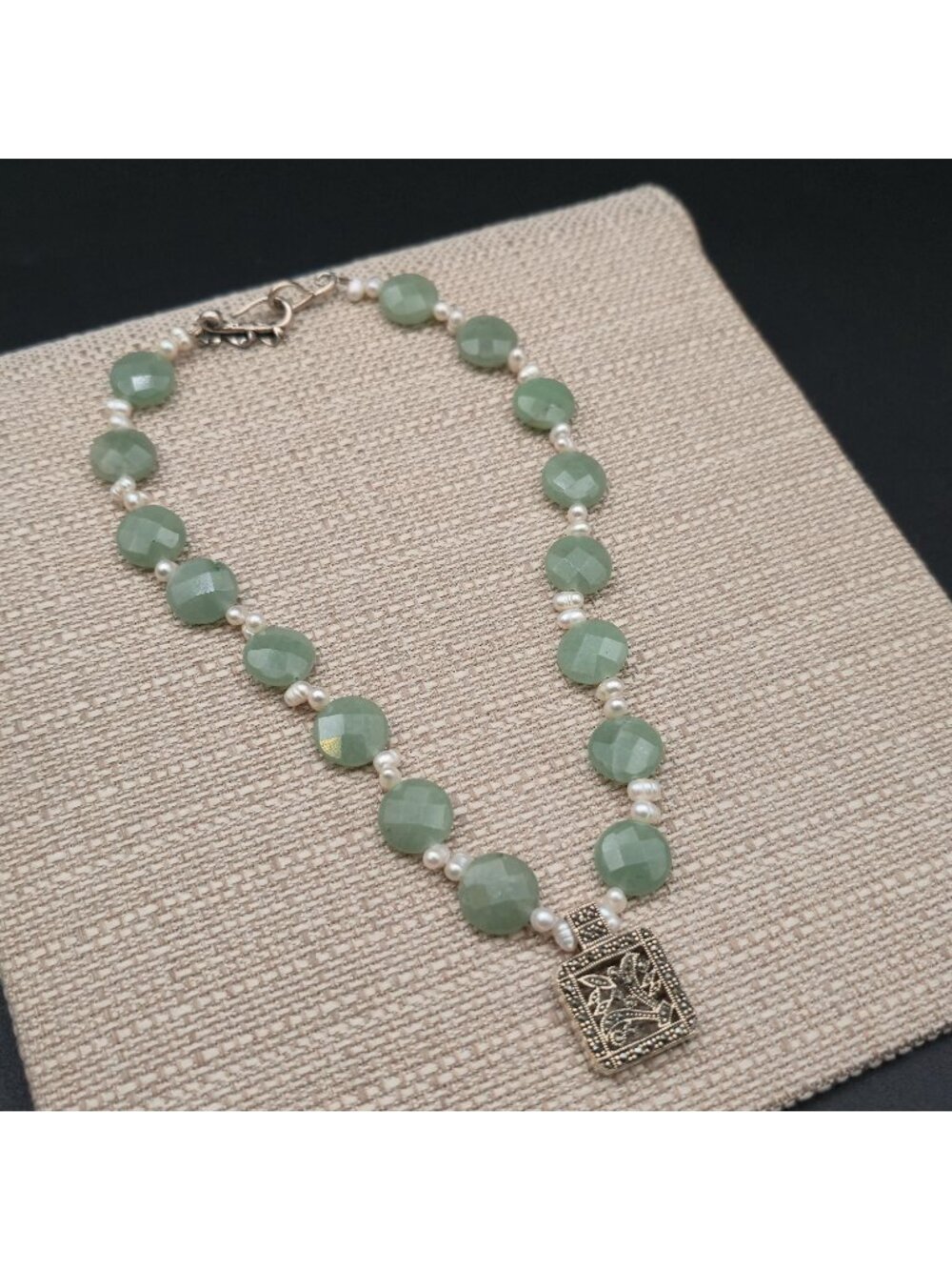 16 Inch Sterling Aventurine Faceted Coin Bead Necklace With Pearl Spacers B1344 - Picture 3 of 9